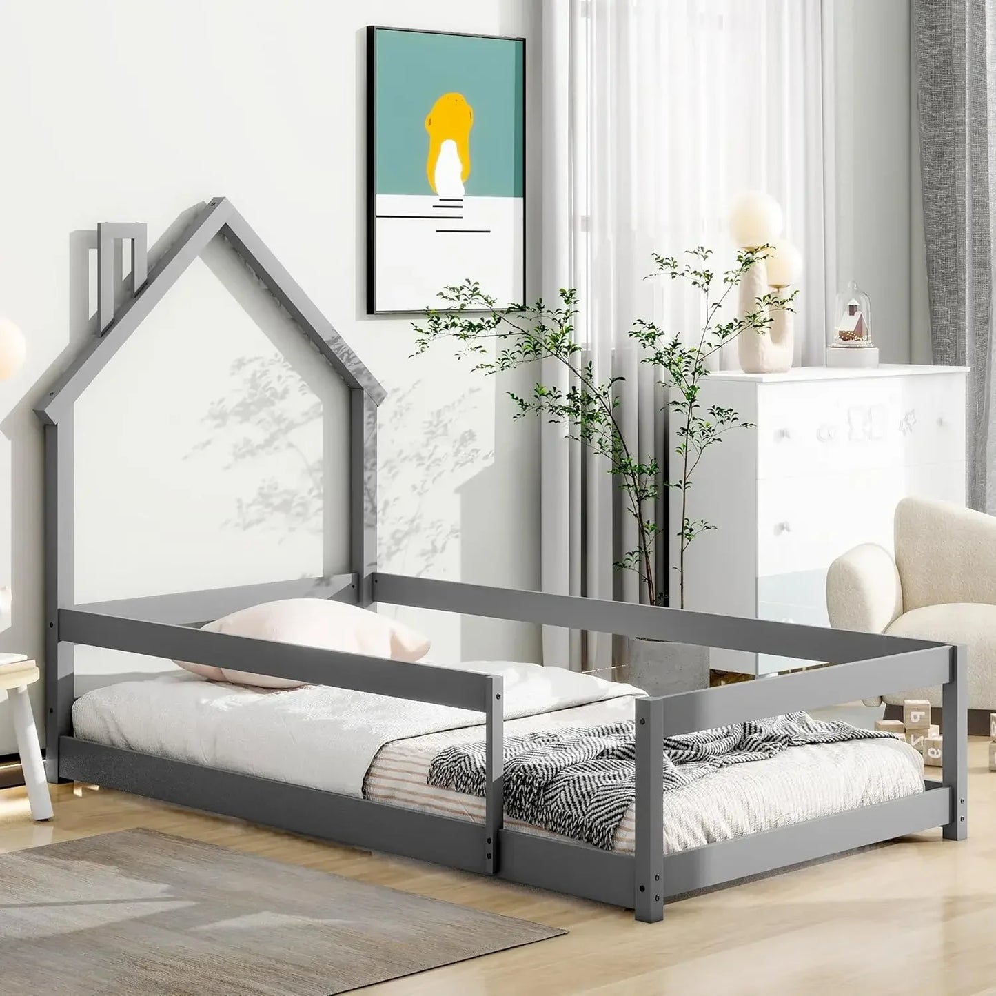 Twin Size House-Shaped Headboard Floor Bed with Fences, Wooden Montessori Bed for Kids,House Bed Twin Frame for Girls,Boys (Gray