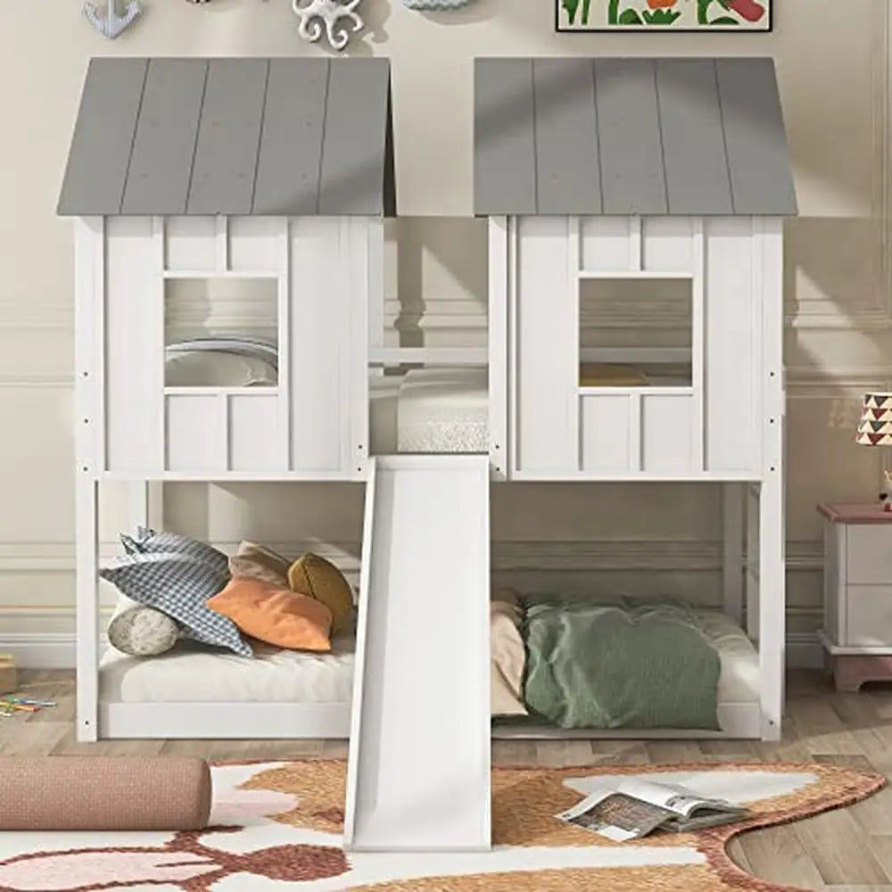 Twin Over Twin Playhouse Bunk Bed with Slide and Roof Windows Kids Teens Boys Girls House Bunk Bed White Wood Easy Assembly