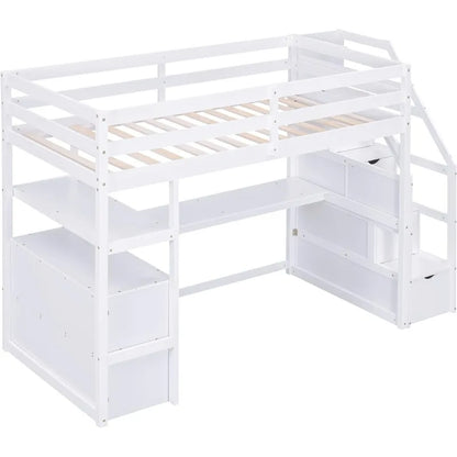 Cama alta con escalera de tamaño doble, escritorio en forma de L, estantes, cajones de dos niveles y escalera de almacenamiento, color blanco