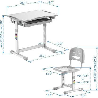 Mount-It! Kids Desk and Chair Set, Height Adjustable Ergonomic Children's School Workstation with Storage Drawer, Grey (Grey)