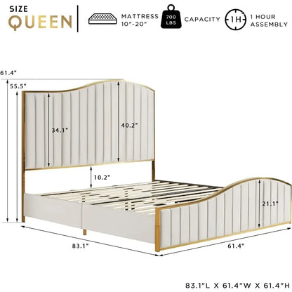 Queen Size Bed Frame, 61.4" High Headboard Platform Bed Velvet With Gold Trim & Footboard/No Box Spring Required,bed Frame