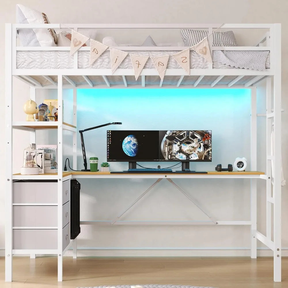 Lit mezzanine double avec bureau en L, lumières LED, station de charge Cadre de lit mezzanine LED avec 3 étagères de rangement et 3 tiroirs en tissu