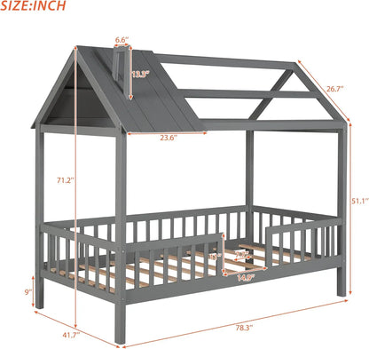 Merax Twin HouseFor Kids,Wood Twin Frame House-Shaped Bed Platform Frame With Roof Windows And Full-Length Safety