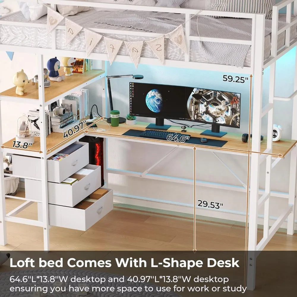 Twin Loft Bed with L-Shaped Desk, LED Lights,Charging Station LED Loft Bed Frame with 3 Storage Shelves and 3 Fabric Drawers