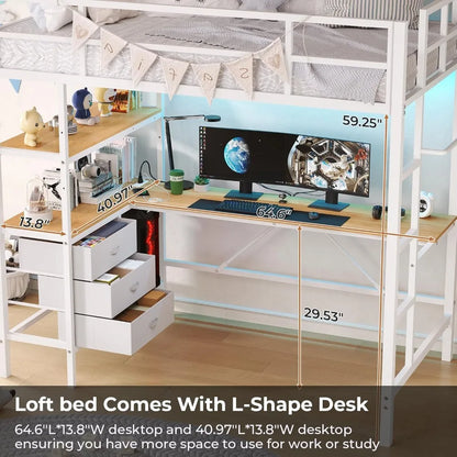 Twin Loft Bed with L-Shaped Desk, LED Lights,Charging Station LED Loft Bed Frame with 3 Storage Shelves and 3 Fabric Drawers