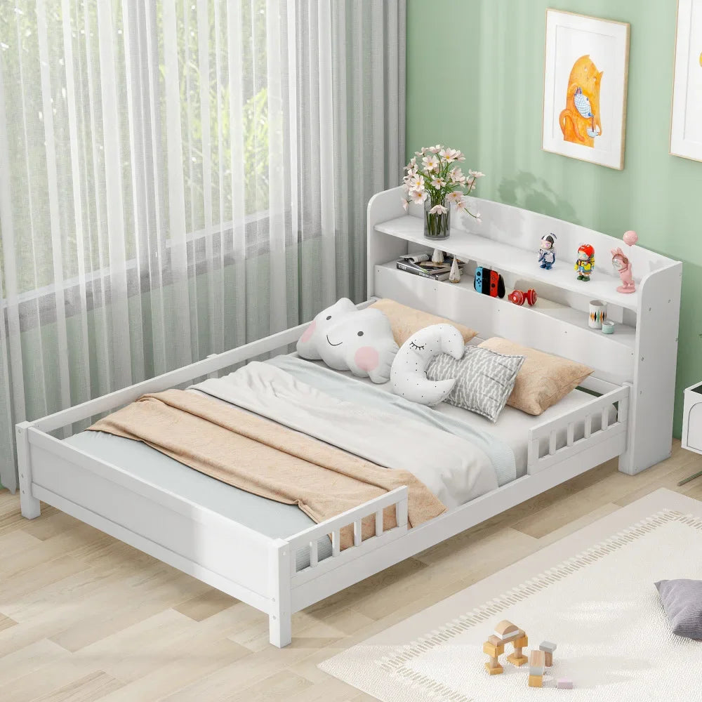 Lit plateforme en bois pleine grandeur avec éclairage LED intégré, tête de lit avec rangement et garde-corps, lits superposés blancs pour enfants, lits superposés pour filles