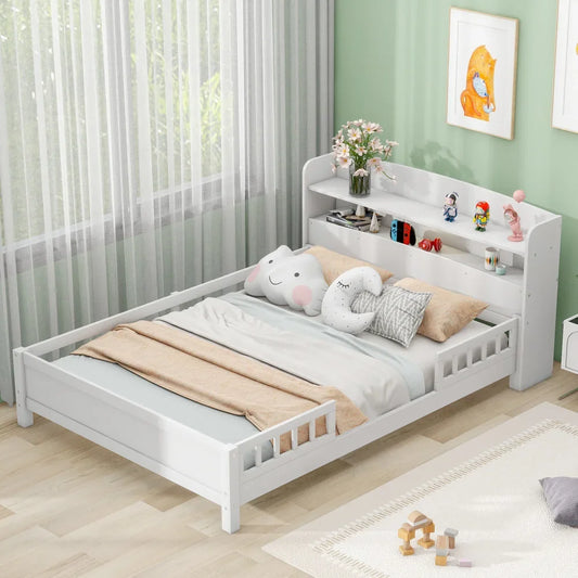 Wood Full Size Platform Bed with Built-in LED Light,Storage Headboard Guardrail,White Bunk Beds for Kids Bunk Beds Bed for Girls