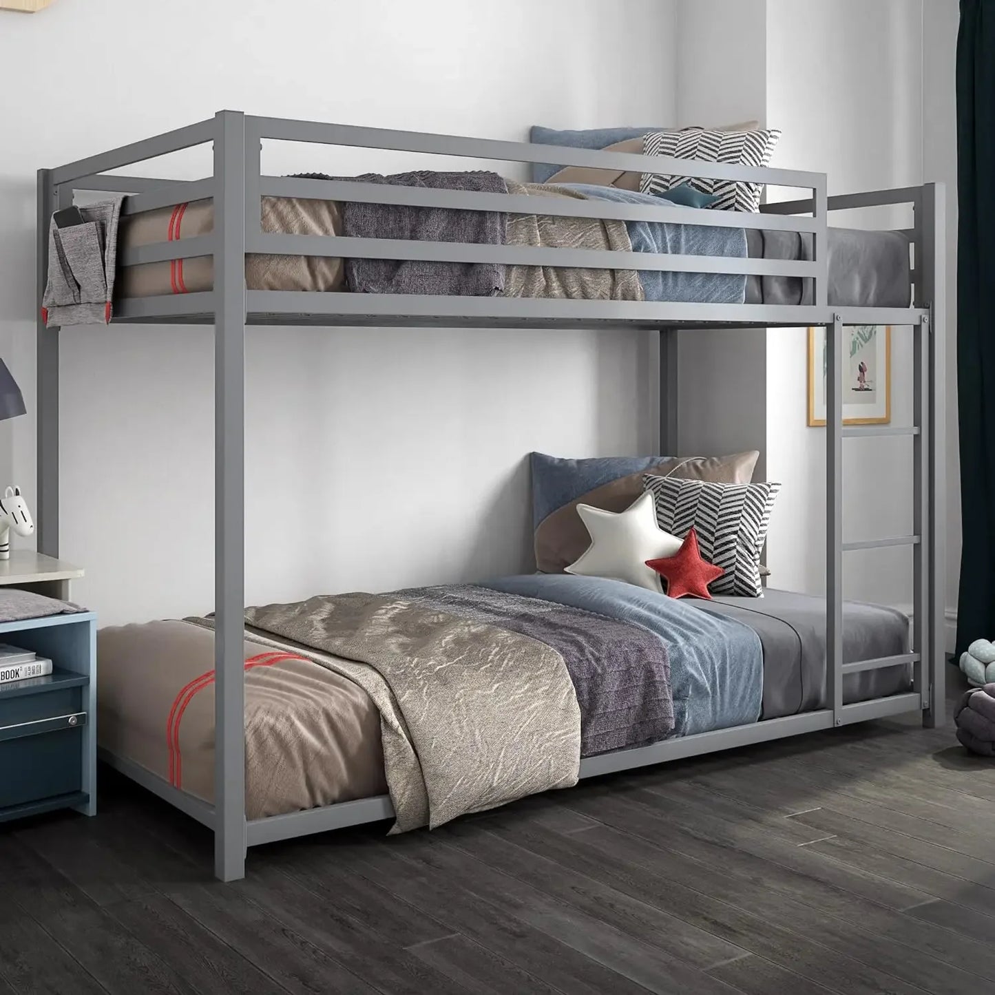 Miles Low Metal Bunk Bed Frame for Kids, With Built-in Ladder, High Guardrail and Metal Slats, Floor Bed Bottom Bunk, No Box