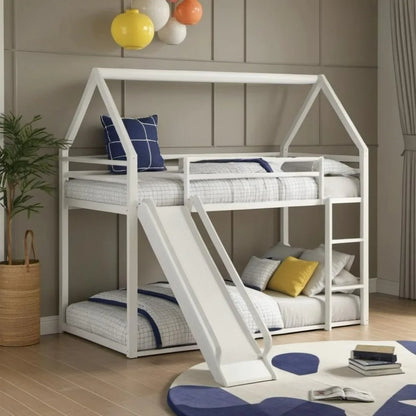 Litera de metal para dos personas con tobogán y techo para niños, niñas y niños, estructura de litera con forma de casa, no requiere somier