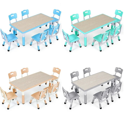 Ensemble table rectangulaire pour enfants avec 6 chaises, table multi-activités réglable en hauteur pour tout-petits, bureau d'art et d'artisanat pour filles, 2 à 10 ans