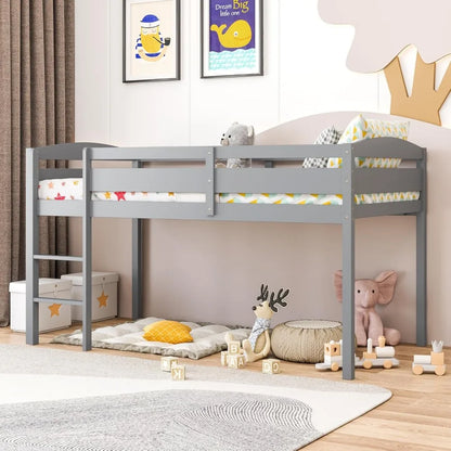 Twin Loft Bed, Solid Wood Low Loft Bed for Kids with Ladder & Guard Rails, No Box Spring Needed, Space-Saving Loft Bed