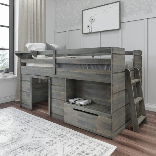 Cama alta tamaño twin, cama alta baja de madera maciza con cajón de almacenamiento y escalera, cama alta moderna de estilo rústico para niños, madera flotante