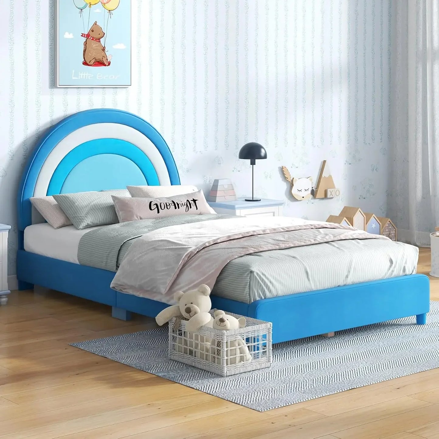 Marcos de cama dobles para niños, cama infantil de madera tapizada con cabecera ajustable, soporte de listones, capacidad de peso de 660 libras, sin somier