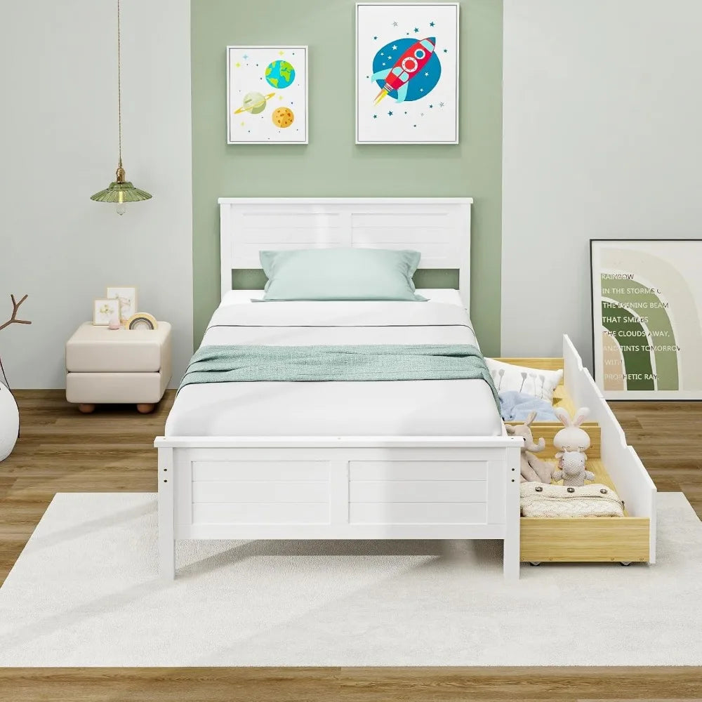 Cama individual de madera con 2 cajones de almacenamiento, con cabecero, listones de madera que sostienen la base del colchón, para niños, adolescentes y adultos, color blanco