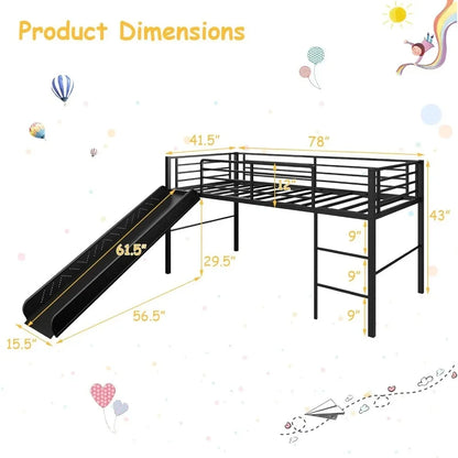 Twin Loft Bed with Slide, Metal Low Bunk Bed W/Safety Guardrails & Built-in Ladder, Toddler Bed Floor Frame for Boys & Girls