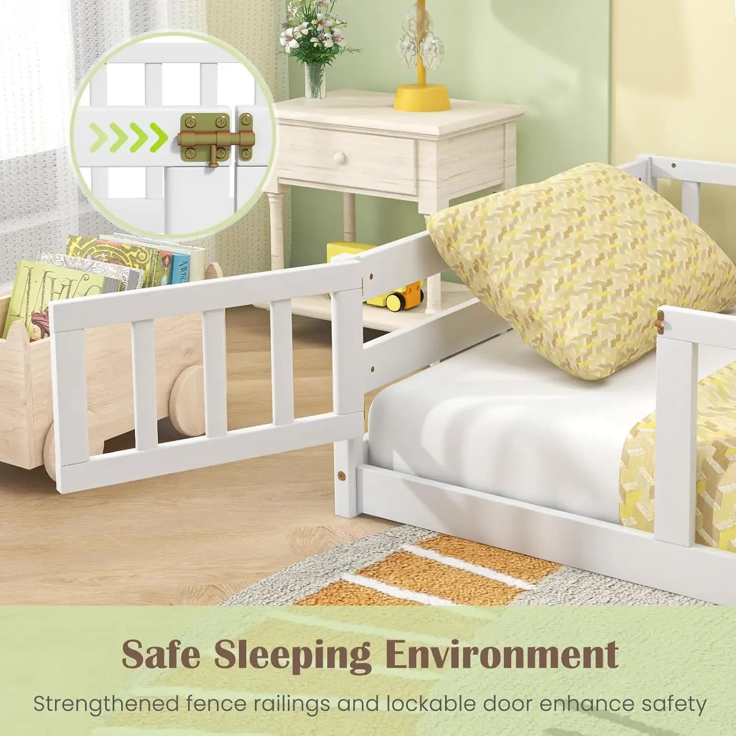 Twin Floor Bed with Door & Fence, Kids Wood Montessori Bed with Safety Guardrails, Floor Bed Frame for Kids, Boys, Girls