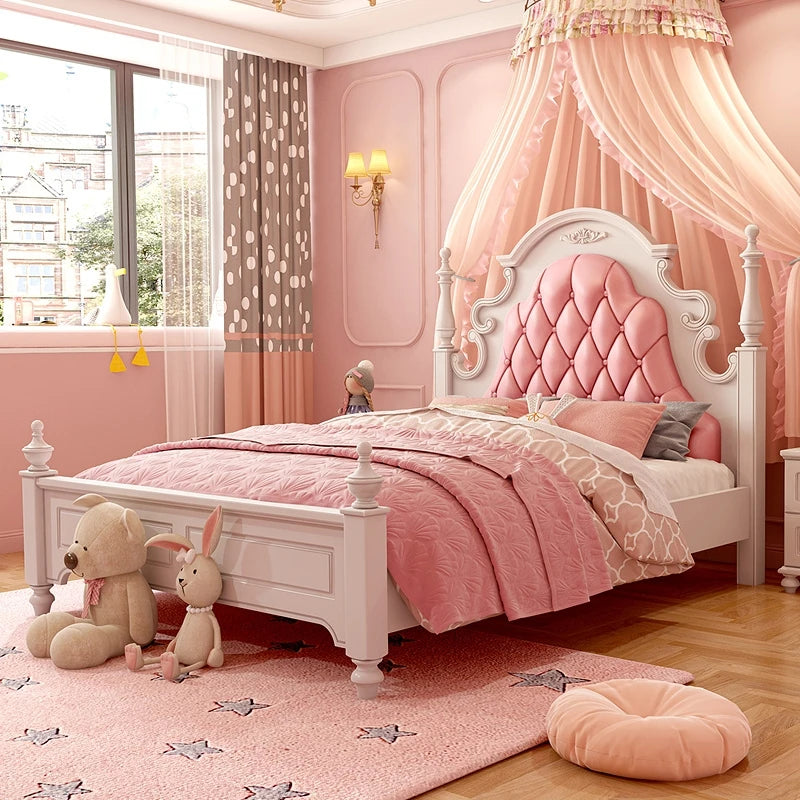 Cama infantil de lujo de princesa, bonita cama tamaño queen americana, color rosa y blanco, cómoda, muebles de lujo para niños, casa