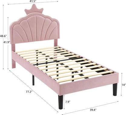 Twin Size Bed Frame Upholstered with Headboard, Strong Platform with Crown for Kids Girls, Wooden Slats Support