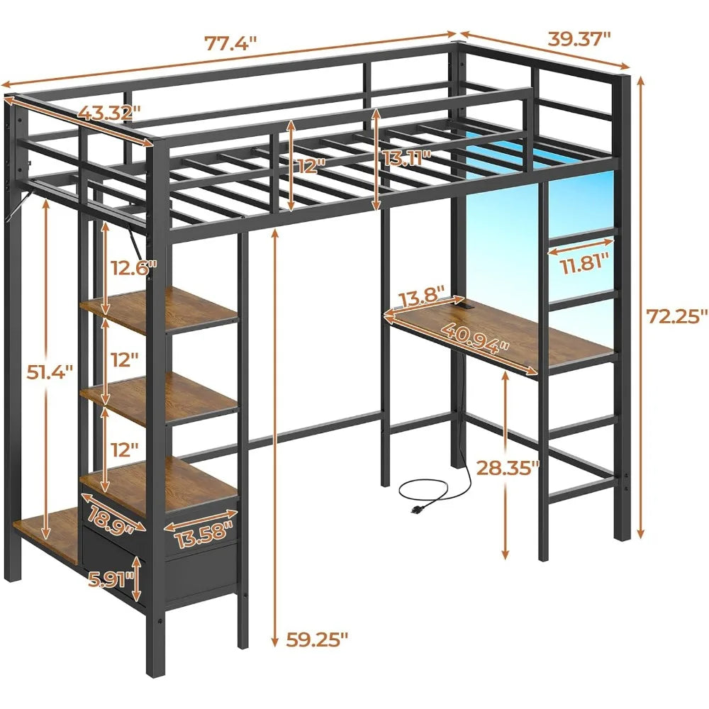 Cama alta tamaño twin, escritorio y luces led Cama alta de metal con estantes de almacenamiento y cajones Cama junior twin con barra para ropa, cama