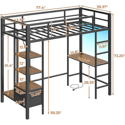 Twin Size Loft Bed, Desk and Led Lights Metal Loft Bed with Storage Shelves and Drawers Twin Junior Bed with Clothes Rail, Bed