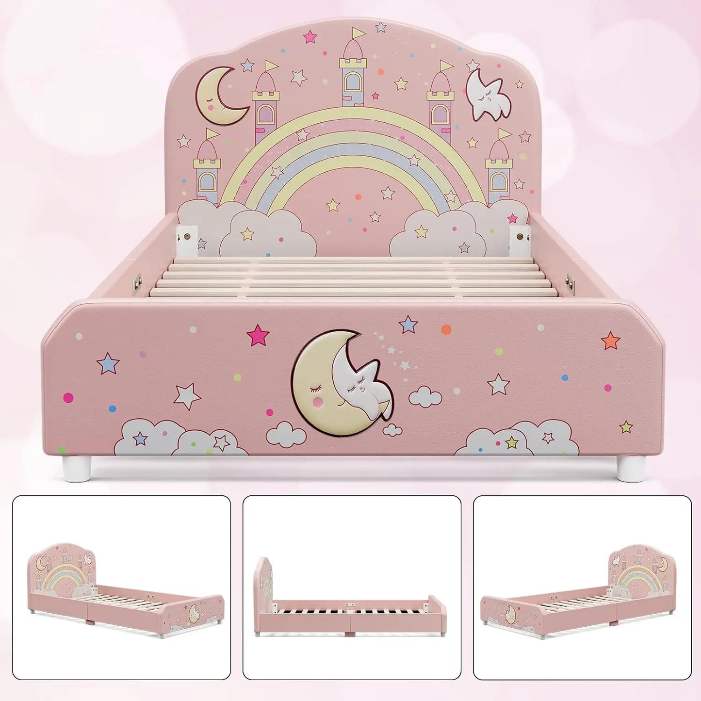 Cama infantil de tamaño doble, estructura de cama tapizada con plataforma doble y cabecera curva, cama infantil de princesa rosa