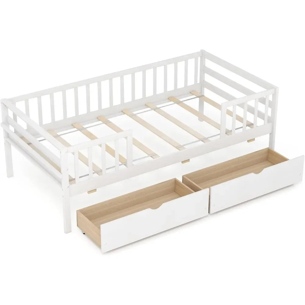 Cadre de lit double en bois pour enfants avec 2 tiroirs coulissants et étagère latérale, pas besoin de sommier Cadre de lit double avec balustrades