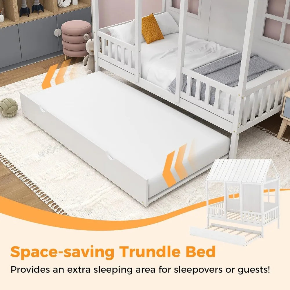 Twin Size House Bed with Trundle, Wood Kid’s House  Bed Frame with Sturdy Bed Slats fNo Box Spring Needed