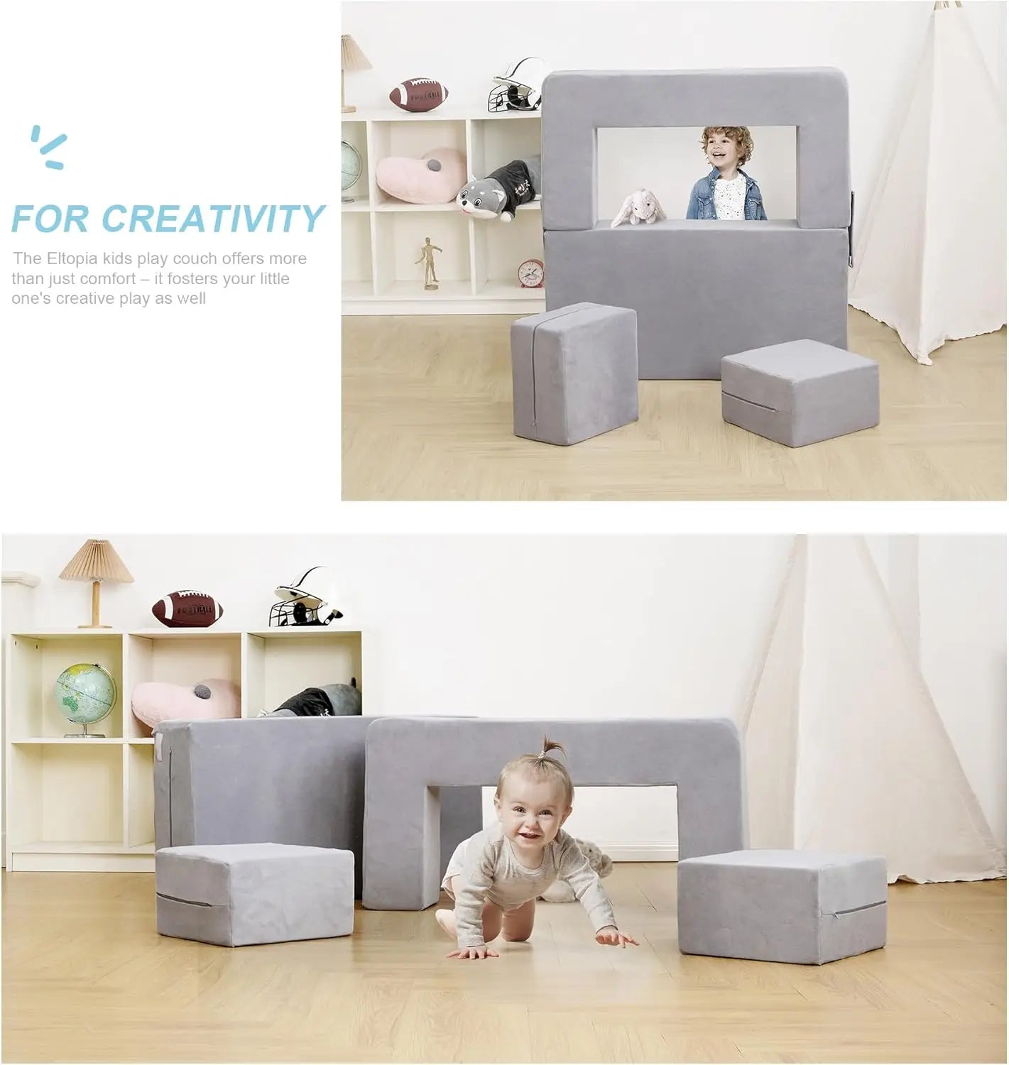 Sofá modular para niños, sillón de espuma para niños pequeños, juego de sofá de felpa convertible para niños, sofá cama plegable (gris)