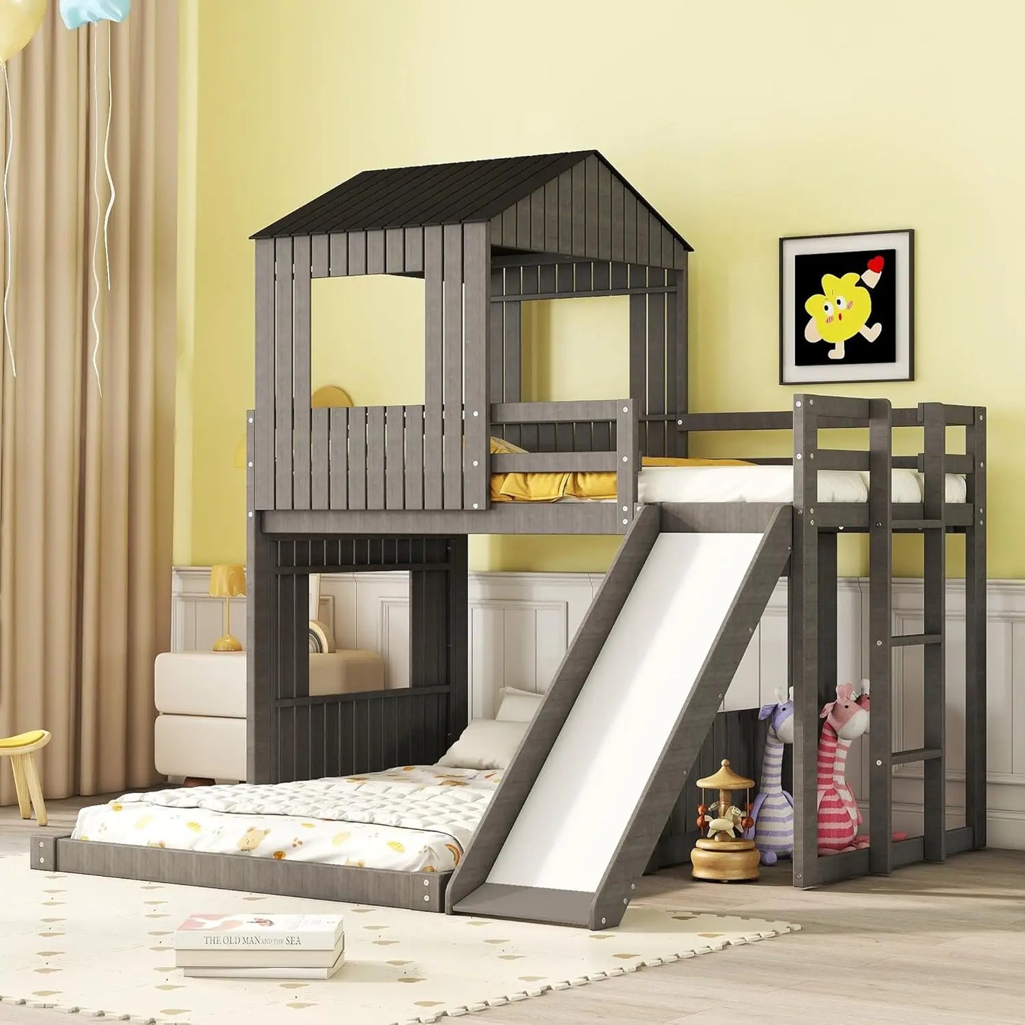 Kids with Playhouse Design, Wood Toddler Bunk Beds with Roof,Windows and Ladder for Boys or Girls,Antique Gray