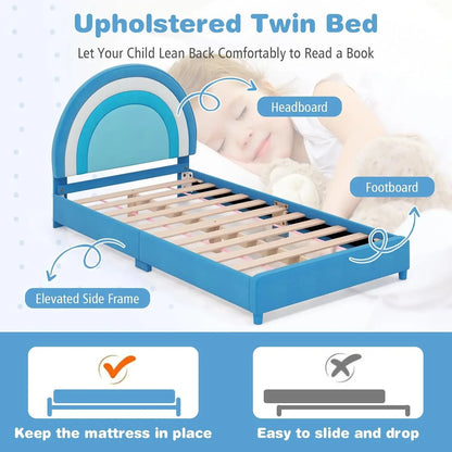 Twin Bed Frames for Kids, Upholstered Wooden Kids Bed w/Adjustable Headboard, Slats Support, 660 LBS Weight Cap, No Box Spring N