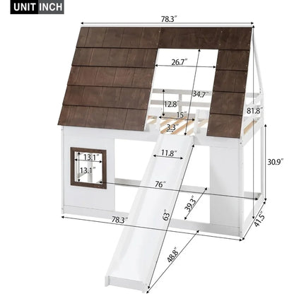 Lit superposé Twin Over Twin House avec toit et fenêtre Lit superposé bas en bois avec toboggan et échelle intégrée Cadre de lit superposé pour enfants