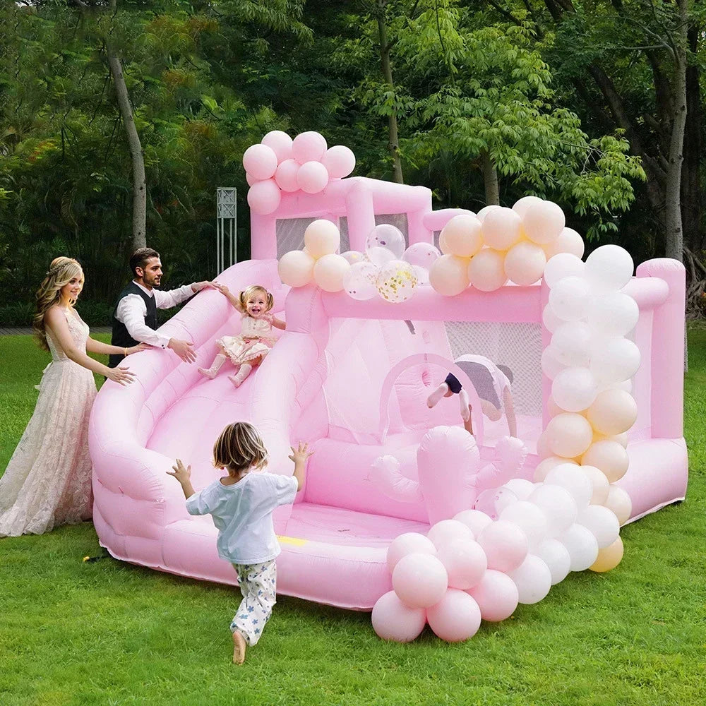 Pink Inflatable wedding castle trampoline Bounce House with air blower Party event Rental kids toy outdoor Jumping bed