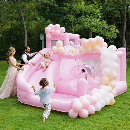 Trampoline de château de mariage gonflable rose Bounce House avec souffleur d'air Location d'événements de fête Jouet pour enfants Lit de saut en plein air