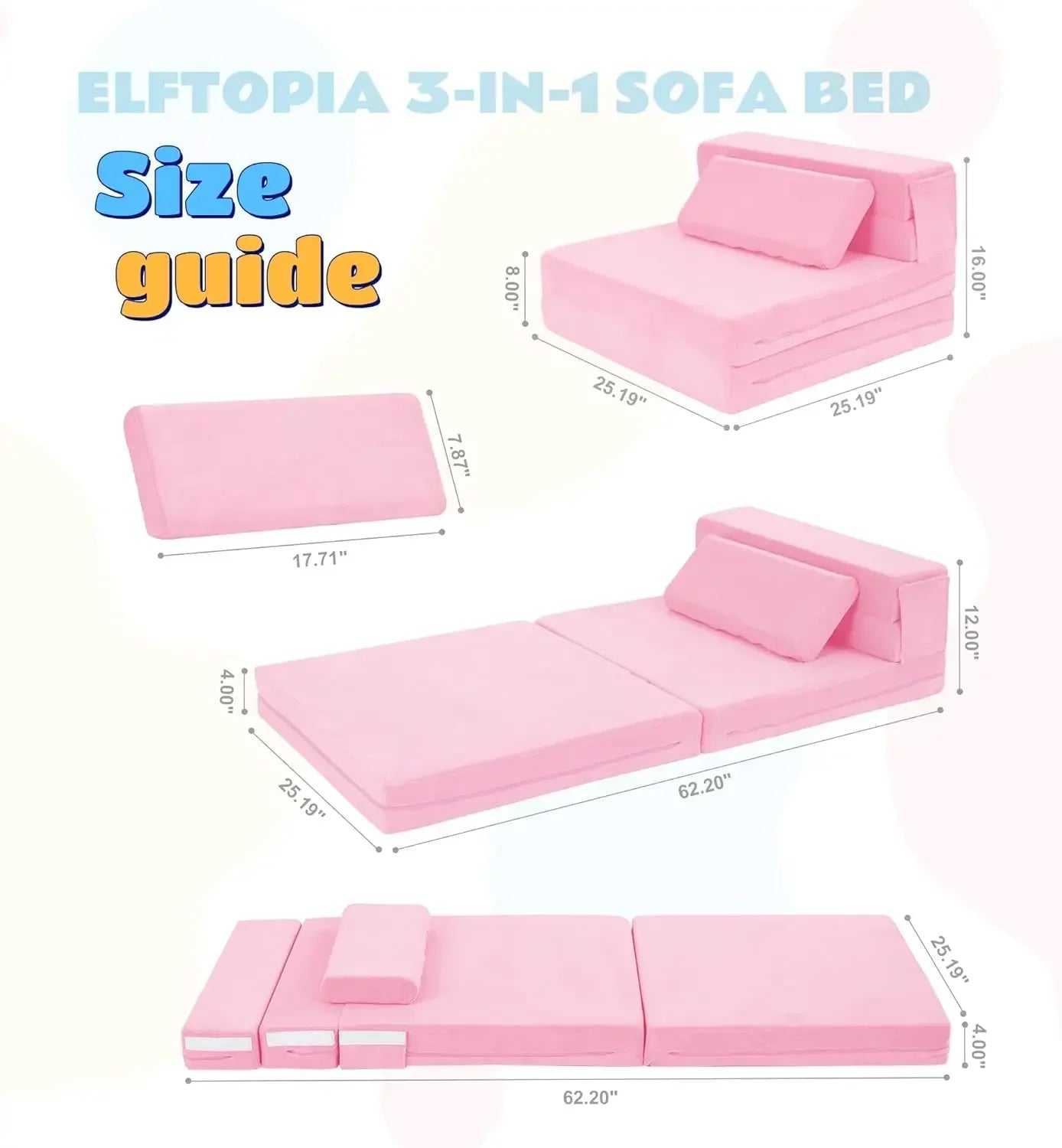 Canapé-lit pour enfants, matelas de sol pliable en trois parties pour tout-petits, canapé-lit pliable, matelas futon pliable pour enfants, canapé pliant pour enfants, Pin