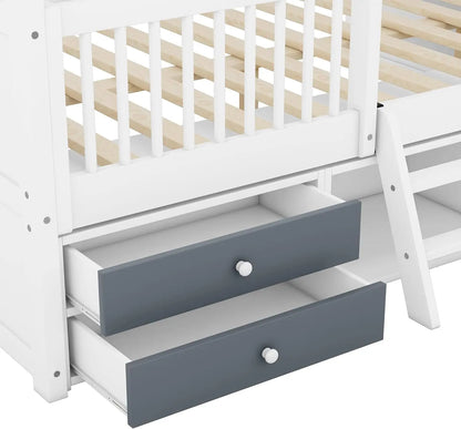 Cama tipo casa de tamaño completo Softsea con cajones de almacenamiento, estructura de cama de madera con barandillas y escalera deslizante, cama con forma de casa para niños