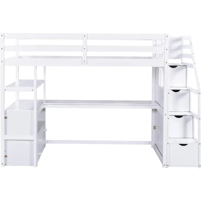 Twin Size Stairway Loft Bed with L Shape Desk, Shelves, Two Tier Drawers and Storage Staircase, White