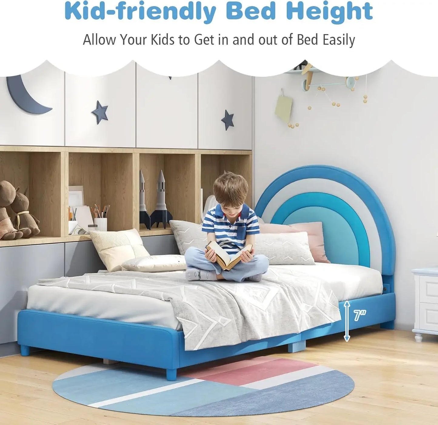 Twin Bed Frames for Kids, Upholstered Wooden Kids Bed w/Adjustable Headboard, Slats Support, 660 LBS Weight Cap, No Box Spring N