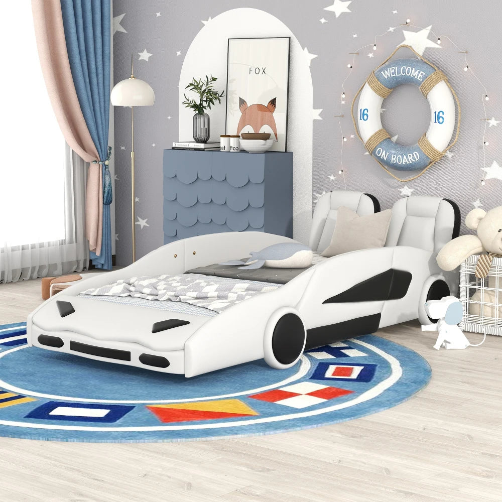 Cama de plataforma con ruedas en forma de coche de carreras de tamaño doble Camas para niños Cama para niños