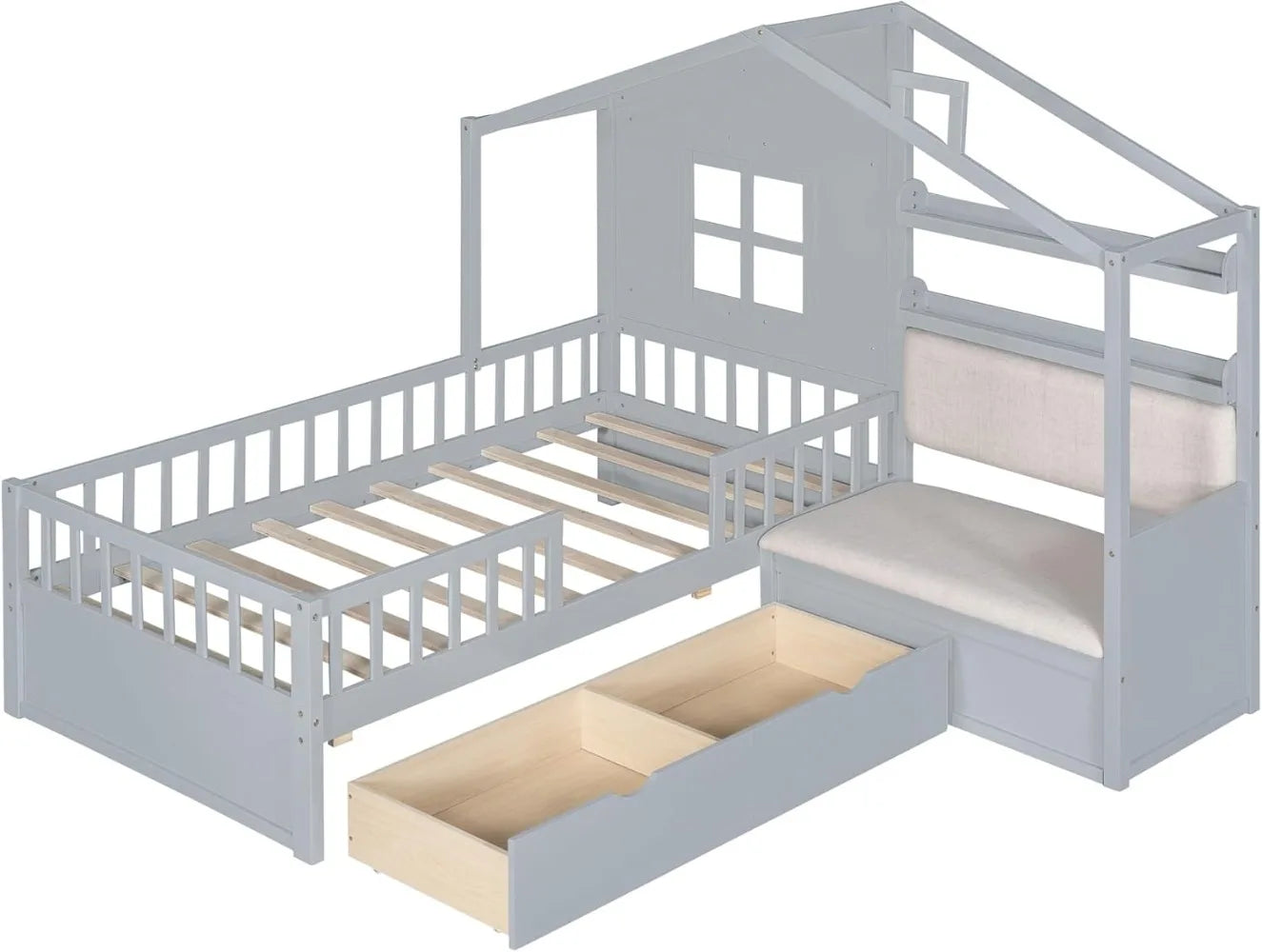 Lit double avec canapé, lit plateforme pour enfants avec deux tiroirs et étagère de rangement, pour filles et garçons - Gris