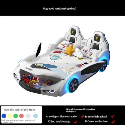 Cama infantil multifuncional con forma de coche para niños, marco de madera, dormitorio, cama versátil con dibujos animados y estilo con 2 mesitas de noche