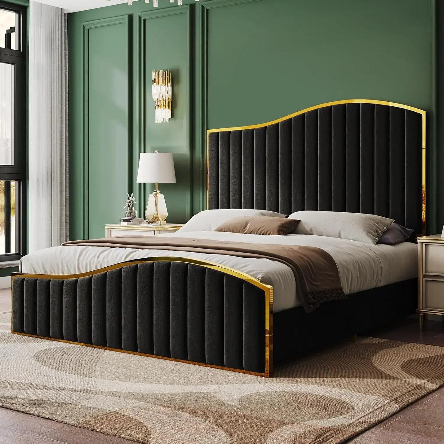 Queen Size Bed Frame, 61.4" High Headboard Platform Bed Velvet With Gold Trim & Footboard/No Box Spring Required,bed Frame