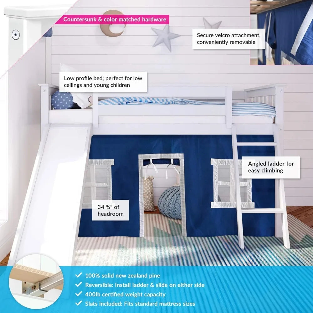 Lit mezzanine bas, cadre de lit double pour enfants avec toboggan et rideaux pour le bas, design moderne et épuré. Il y a un espace de jeu disponible pour les lits