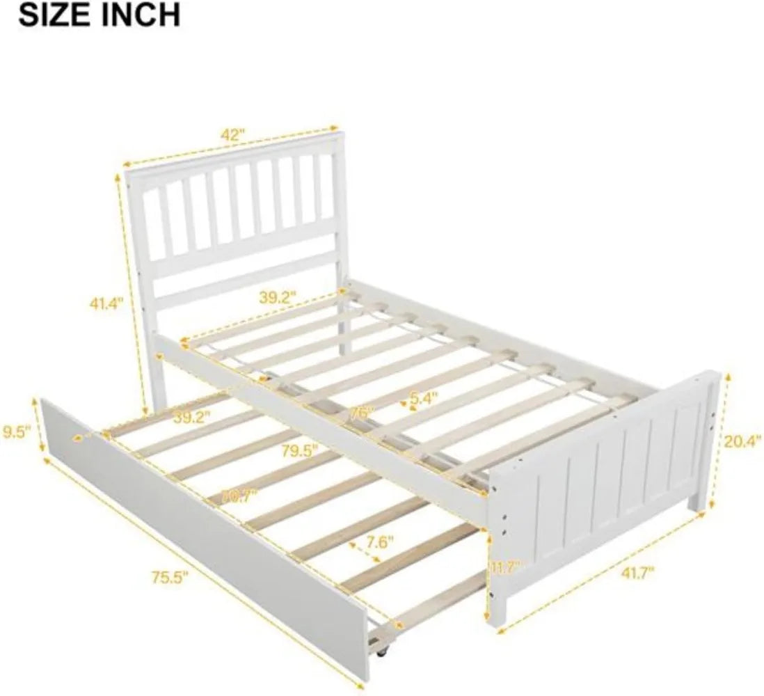 Platform , Double , Children's Bed, Wooden Frame with Trundle Bed, Suitable for Children, Teenagers and Adults