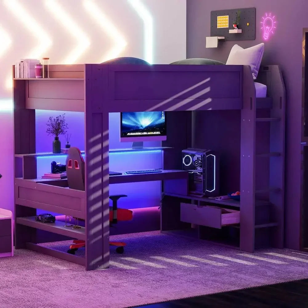 Wood Full Size Gaming Loft Bed Desk, Multi-storage Shelves,LED and Charging Station,Dark Gray Kids Bed Boys Bed Children's Beds