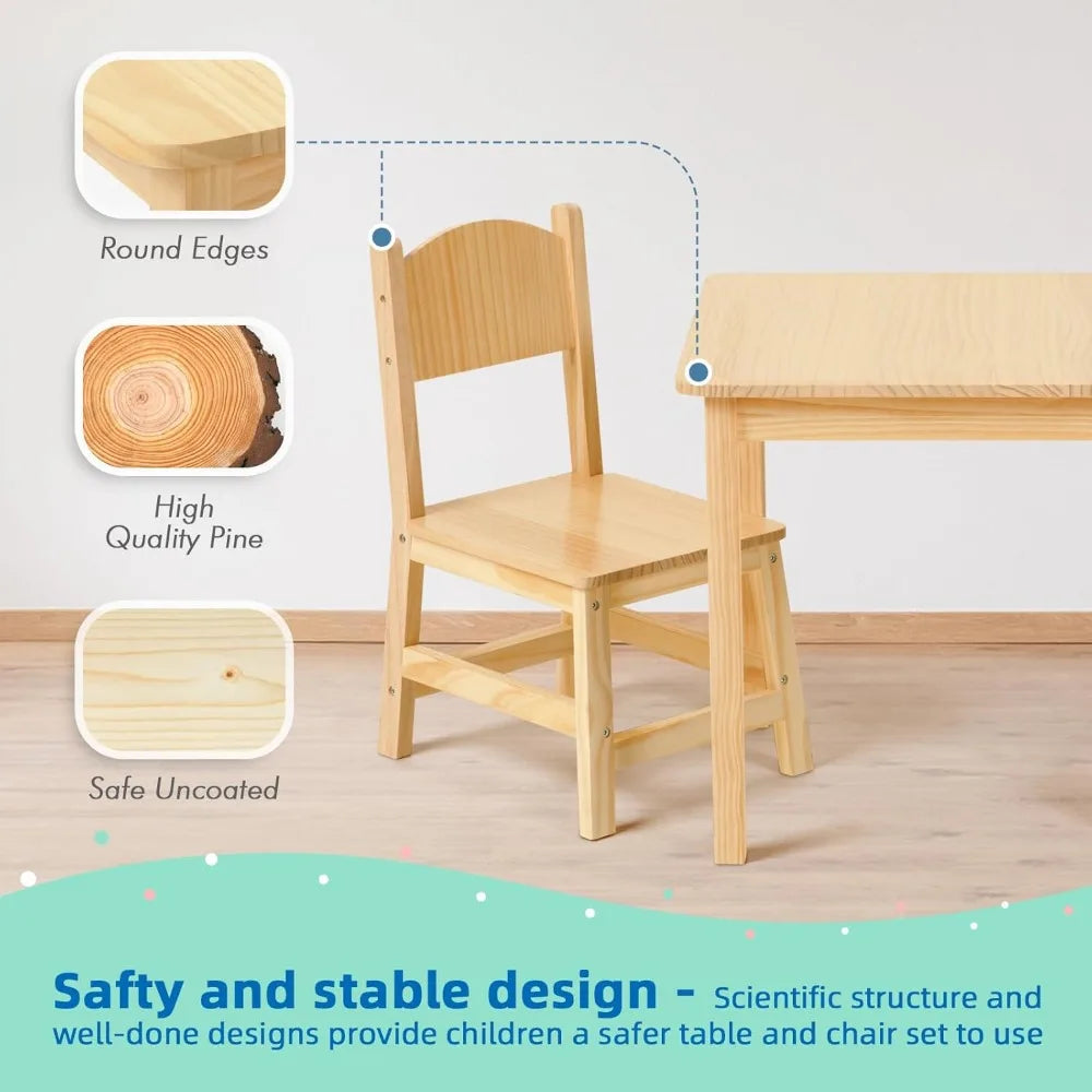 Juego de mesa y sillas de madera maciza para niños, estable y resistente, juego de mesa y 2 sillas para niños pequeños para artes, manualidades, lectura y preescolar