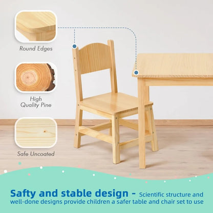 Juego de mesa y sillas de madera maciza para niños, estable y resistente, juego de mesa y 2 sillas para niños pequeños para artes, manualidades, lectura y preescolar