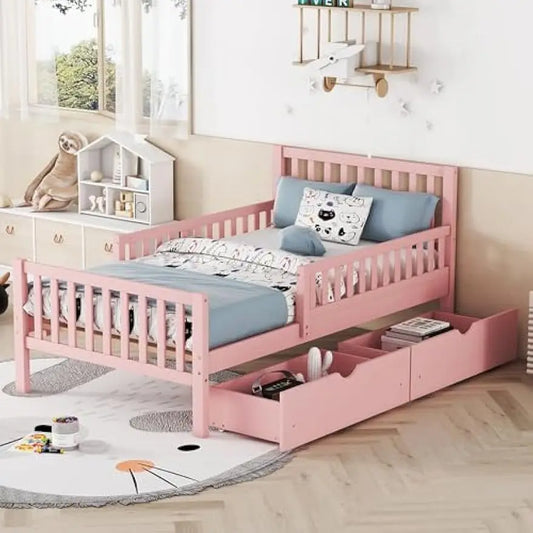 Twin Bed Frame for Kids, Wood Twin Size Bed with Storage Drawers, Twin Storage Bed with Guardrails on Both Sides