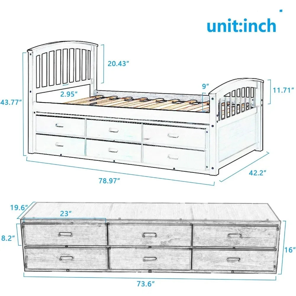 Cadre de lit double avec tiroir de rangement en dessous, lit capitaine avec rangement, lit plateforme en bois massif avec tête de lit pour enfants, adolescents