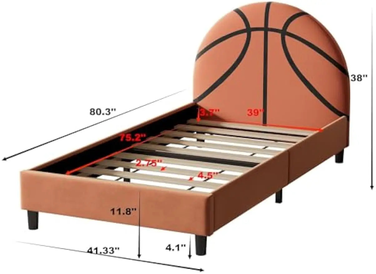 Twin Size Basketball Kids Bed Velvet Upholstered Bed Sport Style Bed Small Bed, Wood Slat Support, No Box Spring Needed