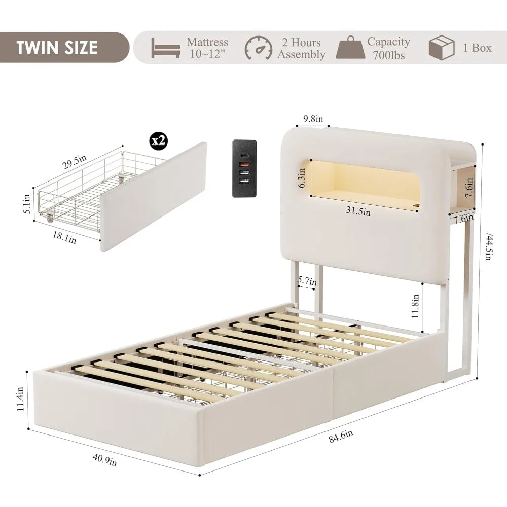 Marco de cama doble con LED, cabecera con espacio de almacenamiento y estación de carga, marco de cama para niños con 2 cajones y puertos USB